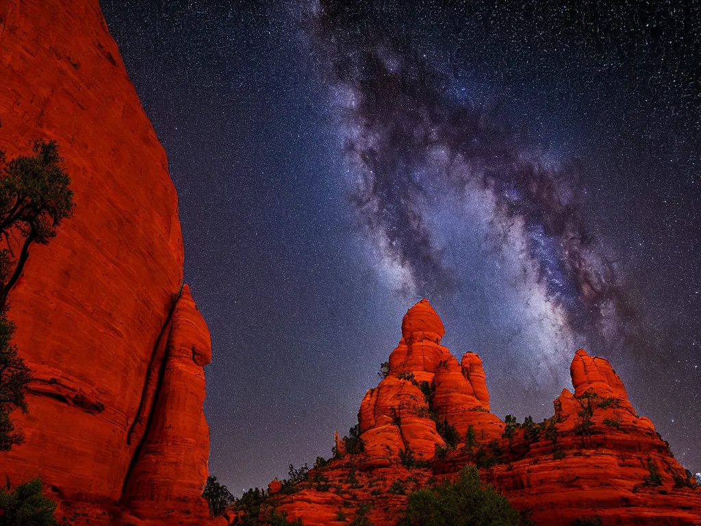 Prompt: sedona's cathedral rock bluff, night, milky way, intricate lines, elegant, extreme detail, sharp focus, photo realistic, ultra realistic, photographic