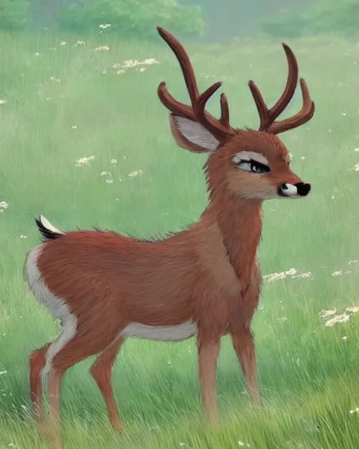 Prompt: concept art of a furry deer character frolicking in a meadow by Makoto Shinkai