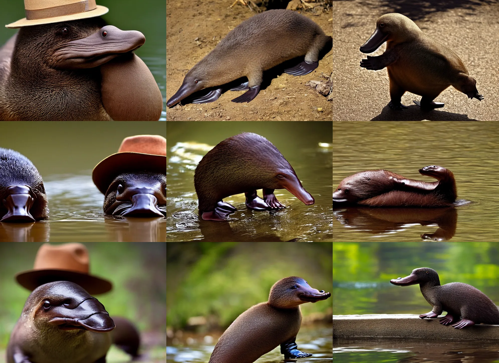 Prompt: a real platypus wearing a brown fedora, national geographic photo