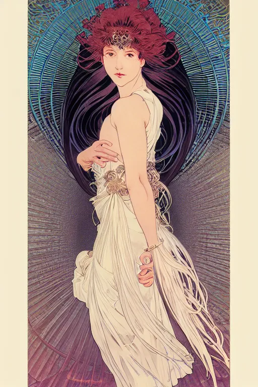 Image similar to magnum opus portrait professional photograph female holding white hair glowing, blush, pleated skirt, flowing hair, slim face, elegant, alphonse mucha, by yoichi hatakenaka, masamune shirow, josan gonzales and dan mumford, ayami kojima, takato yamamoto, barclay shaw, karol bak, yukito kishiro