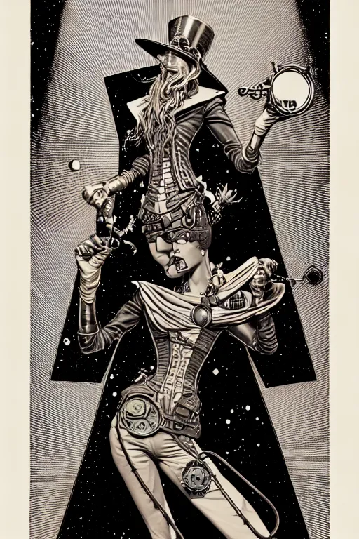 Image similar to side view of a majestic steampunk alchemist wise wizard holding a martini, high details, bold line art, by vincent di fate and joe fenton, inking, etching, screen print, masterpiece, trending on artstation, sharp, high contrast, hyper - detailed,, hd, 4 k, 8 k