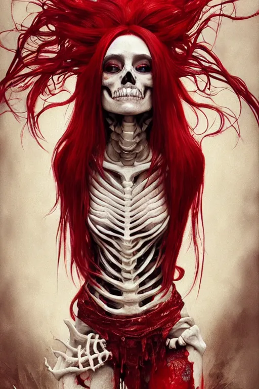 Image similar to woman skeleton covered with blood, long red hair, ultra realistic, concept art, intricate details, highly detailed, photorealistic, octane render, 8 k, unreal engine. mild film still, heavy grain, art by artgerm and greg rutkowski and alphonse mucha