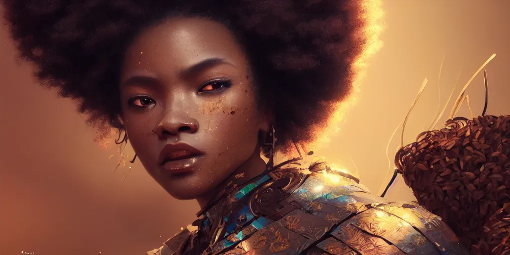 Prompt: samurai with afro, prism highlights, brown skin, iridescent eyes, depth of field, cinematic, macro, concept art, art station, wepa digital, digital painting, elegant, epic, focus, octane render, v-ray, 8k, C4D, art by Karol Bak