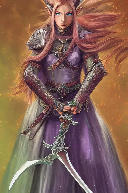 Image similar to Zelda dressed like Malenia from Elden Ring weilding a broad sword, highly detailed digital art, pastel colors, 4k