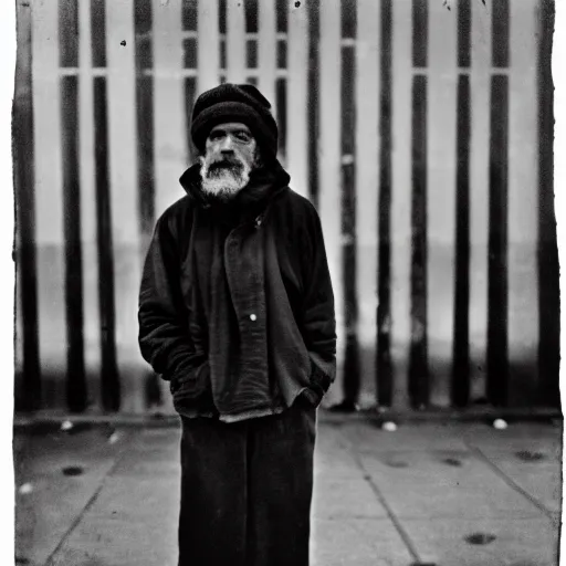 Prompt: portrait of homeless person by Diane Arbus, 50mm, black and white