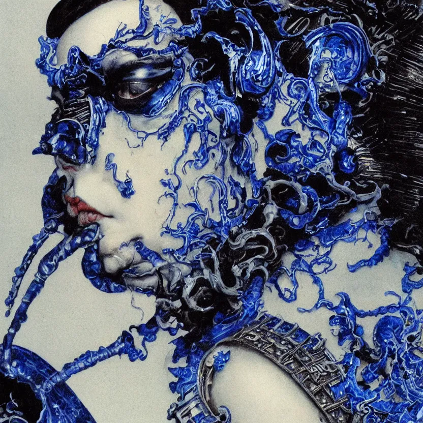 Image similar to a dark baroque close - up portrait of an ornate blue and white porcelain being made out of white sci - fi vitrified translucent ceramic ; china. reflective detailed textures. gloomy black background. highly detailed fantasy science fiction painting by moebius, norman rockwell, frank frazetta, and syd mead. rich colors, high contrast. artstation