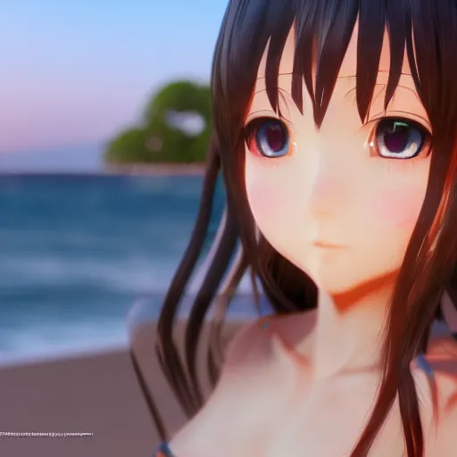 Prompt: Render of a very beautiful 3d anime girl, long hair, hazel eyes, full round face, short smile, cute sundress, golden hour, serene beach setting, medium shot, mid-shot, highly detailed, trending on Artstation, Unreal Engine 4k