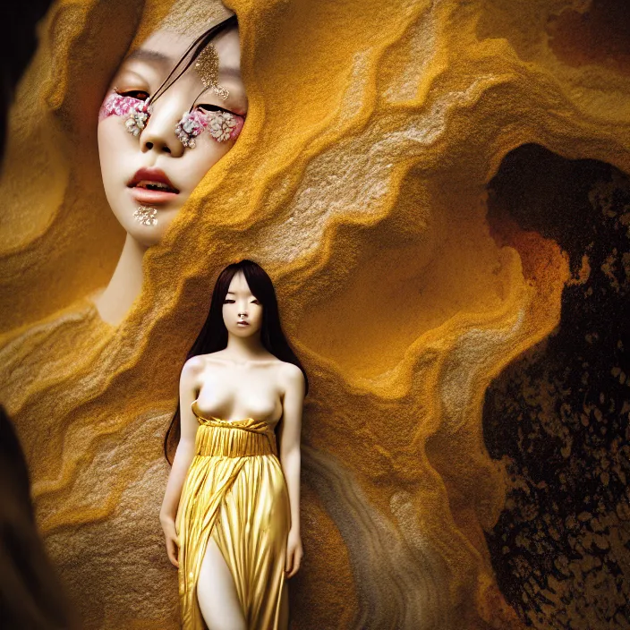 Image similar to Kodak Portra 400, 8K, soft light, volumetric lighting, highly detailed, Rena Nounen style 3/4 ,portrait photo of a Japanese ravishing Goddess by WLOP, the face emerges from a lava flowing gold travertine terraces with lotus flowers, inspired by Ophelia paint , a beautiful chic dress and hair are intricate with highly detailed realistic beautiful flowers , Realistic, Refined, Highly Detailed, ethereal lighting colors scheme, outdoor fine art photography, Hyper realistic, photo realistic