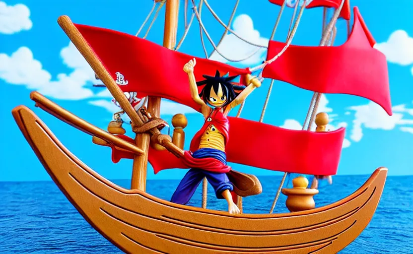 Prompt: luffy sailing the going merry, one piece, pirate ship