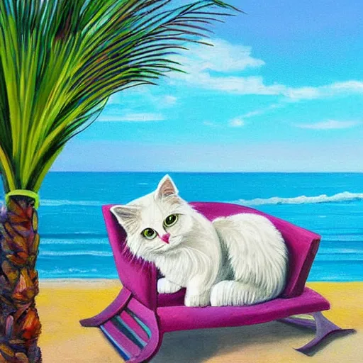 Prompt: colorful luminescent fluffy cat on a lounge chair at the beach under a palm tree detailed painting