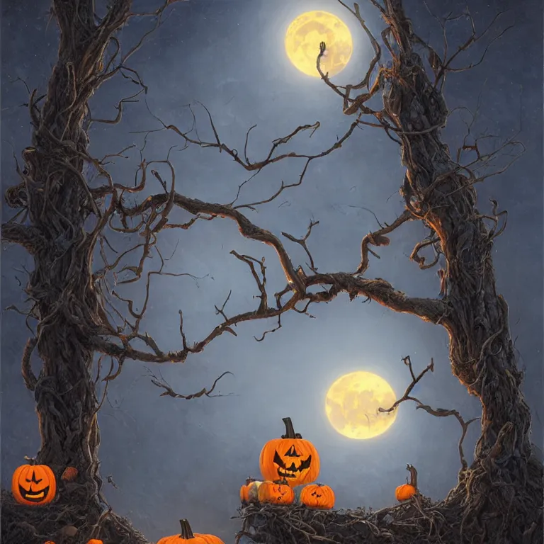 Prompt: jack-o-lanterns hanging from a tree with bent and barren branches by Justin Gerard, moonlight