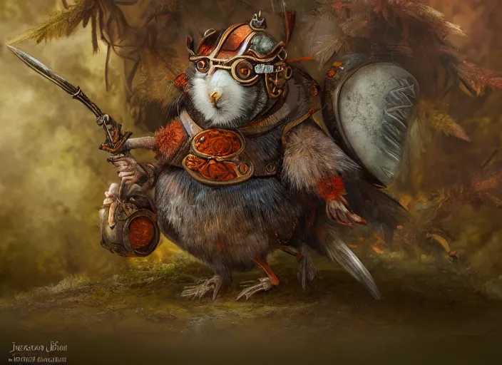 Image similar to ashigaru steampunk - inspired feathered mouse, colorful plumage, lacquered armor, polearm glaive, cute but determined, hard focus, art station, by jessica rossier and brian froud, cinematic, orange grey white, in a woodland glade