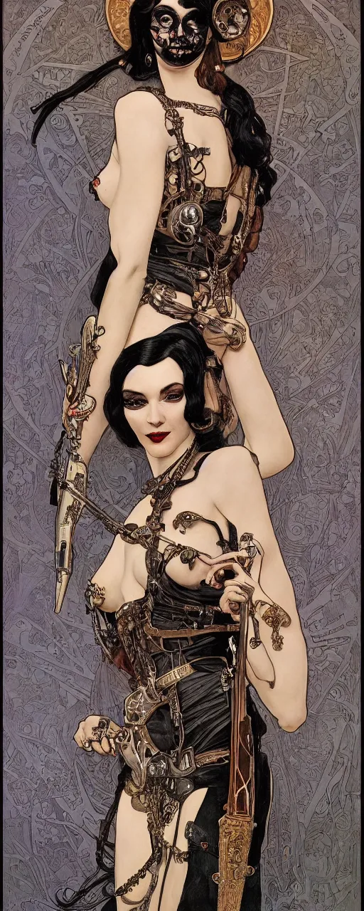 Image similar to a beautiful sensual ironpunk art nouveau style portrait of morticia adams as a rebel soldier by chris achilleos, moebius, olivia de bernardinis and alphonse mucha, photorealism, extremely hyperdetailed, perfect symmetrical facial features, perfect anatomy, ornate declotage, weapon, high technical detail, confident expression, wry smile