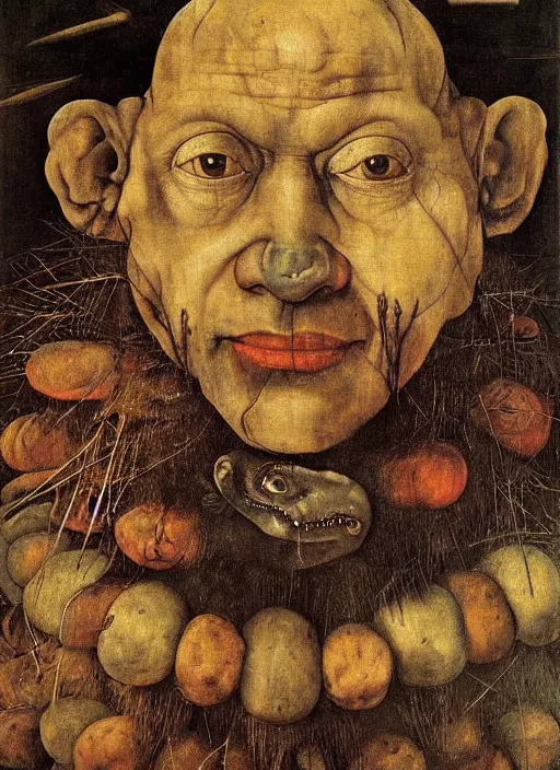 Prompt: a surreal painting of a shaman's face, by Giuseppe Arcimboldo, hieronymus bosch, symbolist, soft colors, dramatic lighting, smooth, sharp focus, extremely detailed, aesthetically pleasing composition