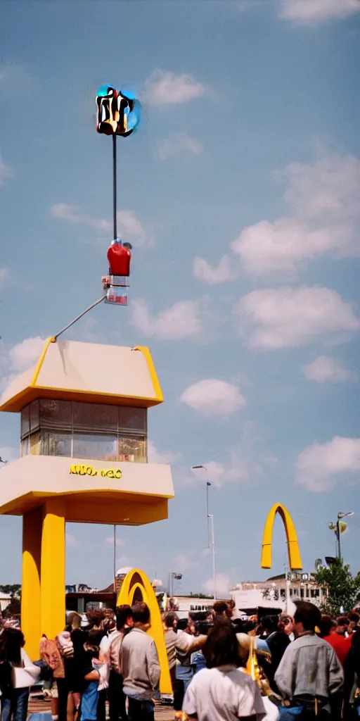 Image similar to A crowd gathers as a McDonalds floats into the sky, 35mm film