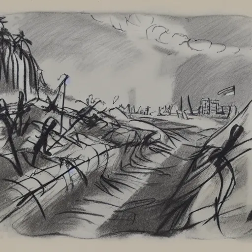 Image similar to milt kahl sketch of world war 1 trenches with the city of miami in the background