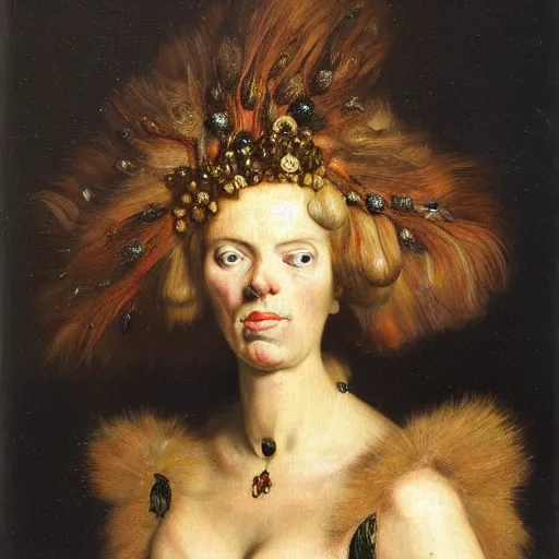 Prompt: disturbing dutch golden age oil painting by christian rex van minnen portrait of an extremely bizarre mutated proteus sundrome woman wearing fancy fur and jewels with intense chiaroscuro lighting perfect composition masterpiece