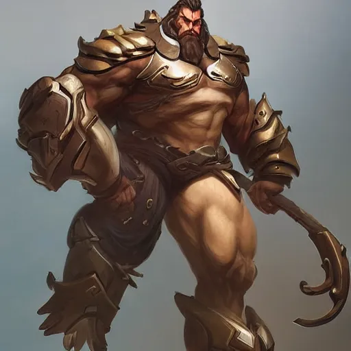 Image similar to high fantasy character portrait of a huge muscular tall giant Reinhardt from Overwatch, intricate, wild, highly detailed, digital painting, artstation, upper body, concept art, smooth, sharp focus, illustration, art by artgerm and greg rutkowski and alphonse mucha