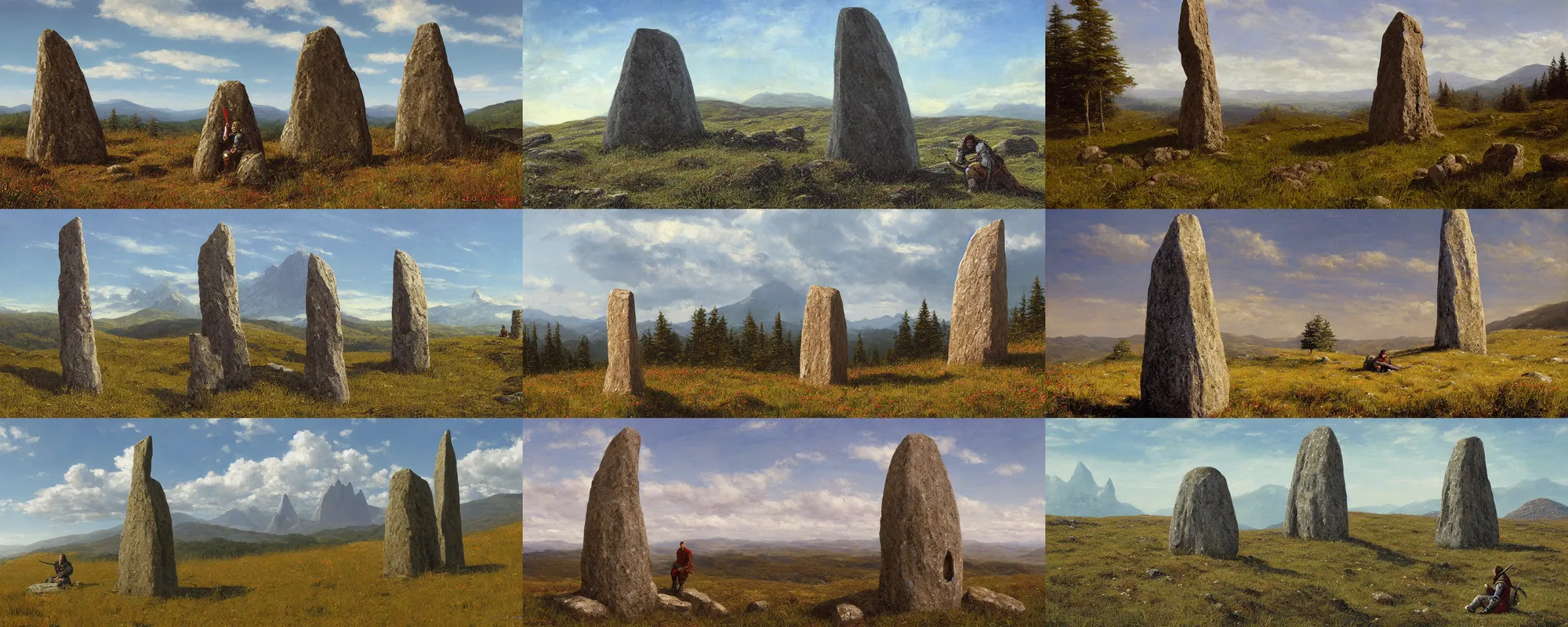 Prompt: meadow mountain landscape with a menhir in the foreground, medieval warrior wearing plate armor sitting, by ted nasmith