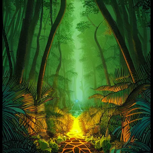 Image similar to a path through the jungle illuminated with torches, by dan mumford, artstation