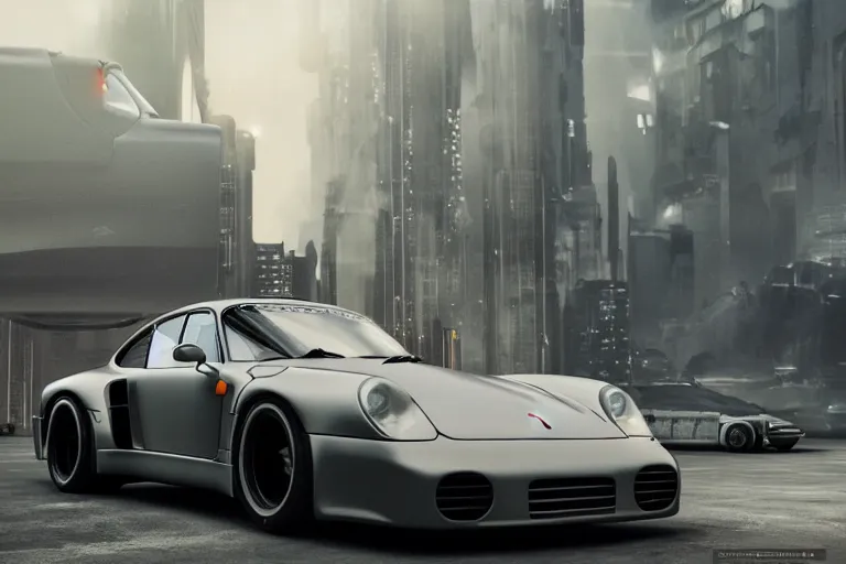 Image similar to porsche 9 5 9 rwb cyberpunk fighter jet flying over a city, back to the future flux capacitor, a hyper - futuristic detailed matte painting by zack snyder, trending on cg society, auto - destructive art, vray tracing, unreal engine 5, reimagined by industrial light and magic