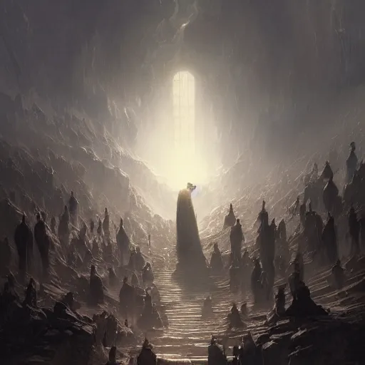 Image similar to Humans seeing the light of god with Death blocking the view, hyperdetailed, artstation, cgsociety, by greg rutkowski, by Gustave Dore