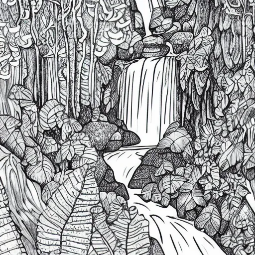 Image similar to an adult coloring page of a waterfall in the enchanted forest, light detail