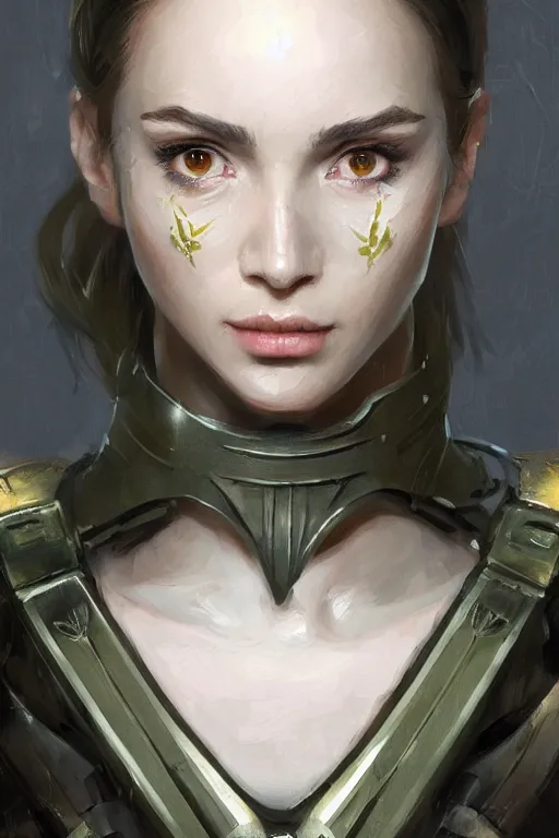 Image similar to a professionally painted portrait of an attractive young woman, clothed in military armor, olive skin, long dark hair, beautiful bone structure, symmetrical facial features, intricate, elegant, digital painting, trending on Artstation, concept art, smooth, sharp focus, illustration, from Metal Gear by Ruan Jia and Mandy Jurgens and Artgerm and William-Adolphe Bouguerea, award winning