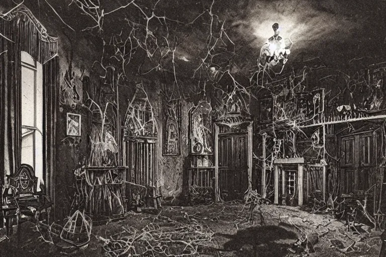 Image similar to full - color photo of the interior of a spooky haunted mansion at night. the interior architecture and layout are illogical, surreal, bizarre, complicated, and labyrinthine. there is a faintly - visible victorian ghost lurking.