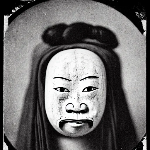 Image similar to a potrait of samura taken in 1 6 3 0, in a circle, kodak 4 0 0, nft style, facing sideways, wearing an oni mask, grain, scretch, high quality, 8 k, photorealistic, real, old photo style