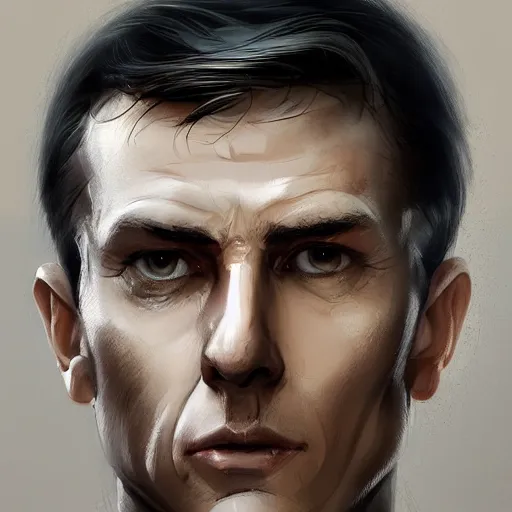 Image similar to Portrait of a man by Greg Rutkowski, he is about 40 years old, mixture between russian and irish, side parted combover brown hair, attractive, NARROW sharp ANGULAR hawkish features, hooked nose , extremely pale white skin, smart looking, he is wearing a black futuristic lawyer outfit, highly detailed portrait, scifi, digital painting, artstation, concept art, smooth, sharp foccus ilustration, Artstation HQ