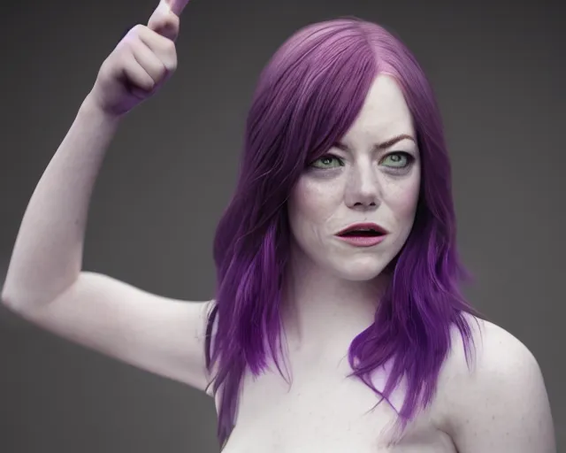 Image similar to purple-haired Emma Stone, epic knife battle pose, cinematic, 4k, hyper realistic, super detailed