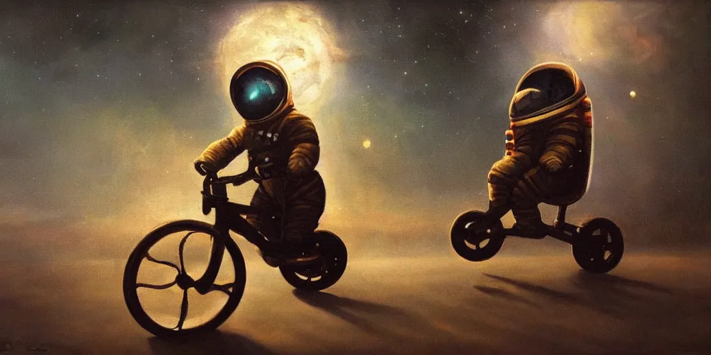 Image similar to creepy oil painting of an astronaut riding a bigwheel. epic lighting.