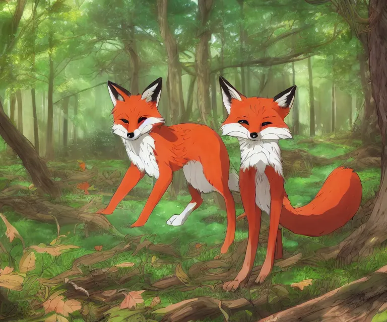 Image similar to fox in a forest, anime fantasy illustration by tomoyuki yamasaki, kyoto studio, madhouse, ufotable, comixwave films, trending on artstation