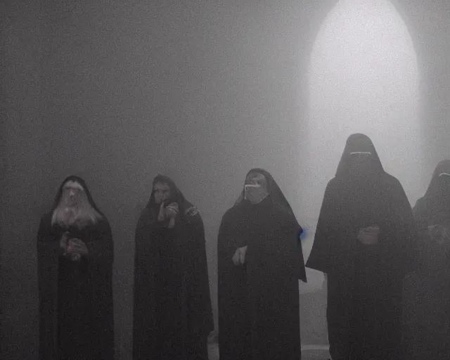 Image similar to a cultist ceremony, cultists with robes and masks, church interior, satanic church interior, the fog. horror lighting, found footage