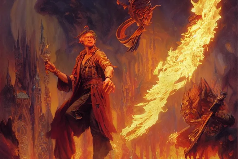 Image similar to attractive male wizard casting powerful fire spell. highly detailed painting by gaston bussiere, craig mullins, j. c. leyendecker 8 k