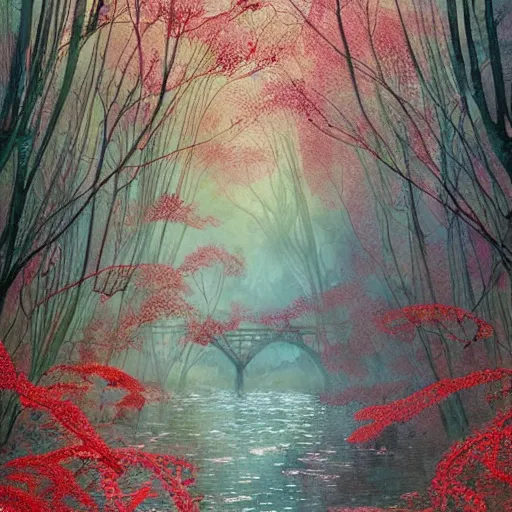 Image similar to a beautiful and inspiring intricate watercolor illustration inside a river, red robin trees forming a tunnel, 4 k, ultra - wide angle, by william turner, by victo ngai, by alphonse mucha, by miho hirano, hd, trending on artstation, hyper detailed, muted colors, inspiring, beautiful, paradisiac