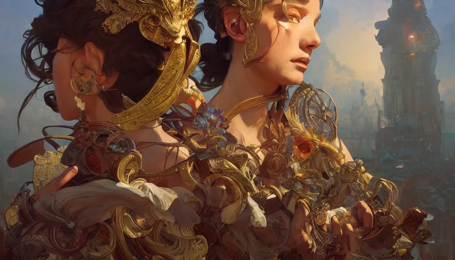 Image similar to carnivale, perfectly-centered-Portrait, action pose, intricate, highly detailed, digital painting, artstation, concept art, smooth, sharp focus, illustration, Unreal Engine 5, 8K, art by artgerm and greg rutkowski and alphonse mucha