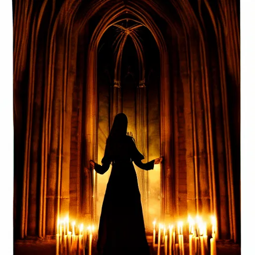 Image similar to a photograph of a beautiful gothic girl inside a dark gothic cathedral illuminated by candles, impressive scene. grainy and rough. soft colour scheme.