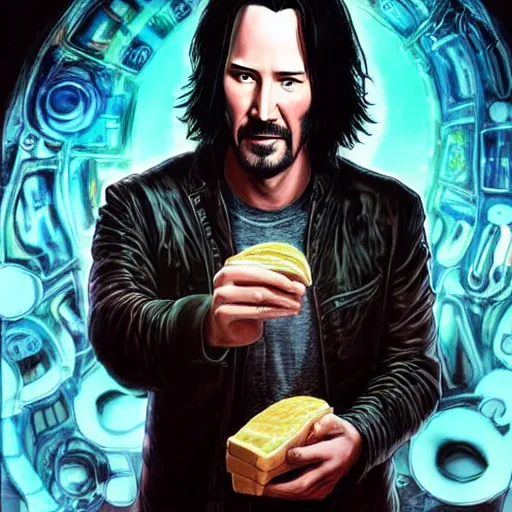 Prompt: keanu reeves eating a sandwich as a quirky cyberpunk wizzard, dark-hair, intricate, elegant, highly detailed, smooth, sharp focus, detailed face, high contrast, dramatic lighting, graphic novel, art by Ardian Syaf and Michael Choi