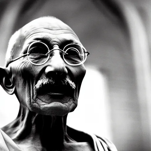 Image similar to Photo of Mahatma Ghandi, close-up, high detail, studio, ominous background, smoke, 85mm Sigma Art Lens