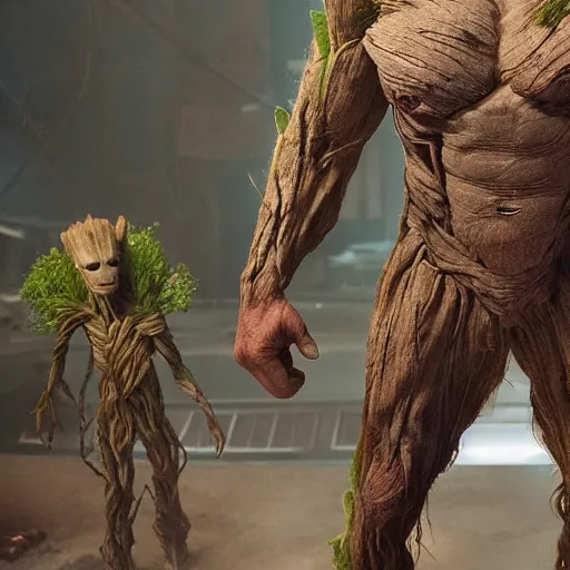 Prompt: first shot of the rock as groot in new guardians of the galaxy, ( eos 5 ds r, iso 1 0 0, f / 8, 1 / 1 2 5, 8 4 mm, postprocessed, crisp face, facial features )