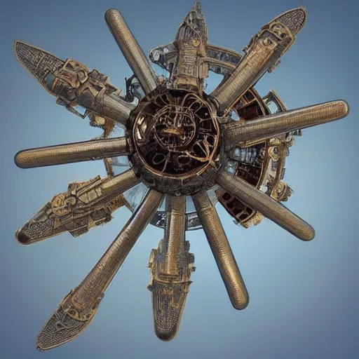 Prompt: flying city in a bronze flower, sky, steampunk!!!, fantasy art, steampunk, masterpiece, octane