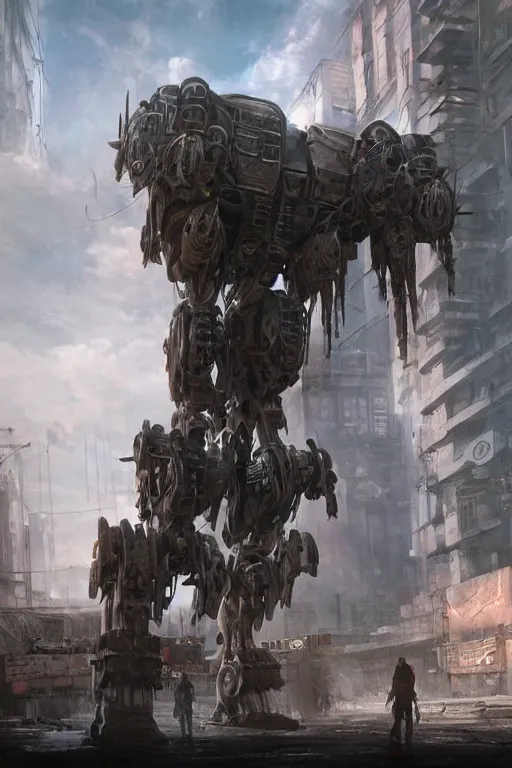 Image similar to ultra realist and ultra intricate detailed soft painting of a large mech, standing in a post-apocalyptic street, sensual gloomy style, volumetric clouds, artstation, unreal render, depth of field