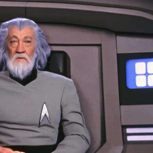 Image similar to Gandalf the Grey in Grey Star Trek uniform, sitting in the Captain's chair on the Bridge of the Enterprise, still photo from the tv show Star Trek: the Next Generation