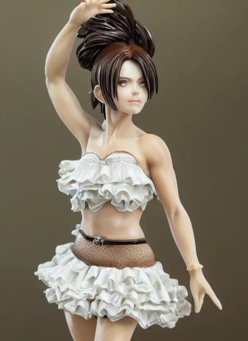 Prompt: Product Introduction Photos, 4K, Full body, 80mm resin detailed miniature of a very muscular lady in White and short lacy ruffled skirt, dark skin, Blonde hair