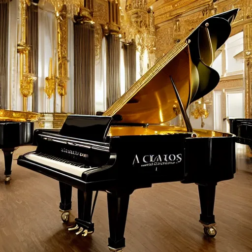 Prompt: A grand piano in a large room full of gold and silver instruments,