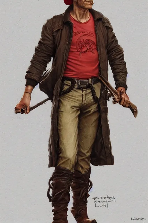 Prompt: character design, reference sheet, whole character, 40's adventurer, unshaven, optimistic, stained dirty clothing, straw hat, heavy boots, red t-shirt, dusty brown bomber leather jacket, detailed, concept art, photorealistic, hyperdetailed, , art by Leyendecker and frazetta,