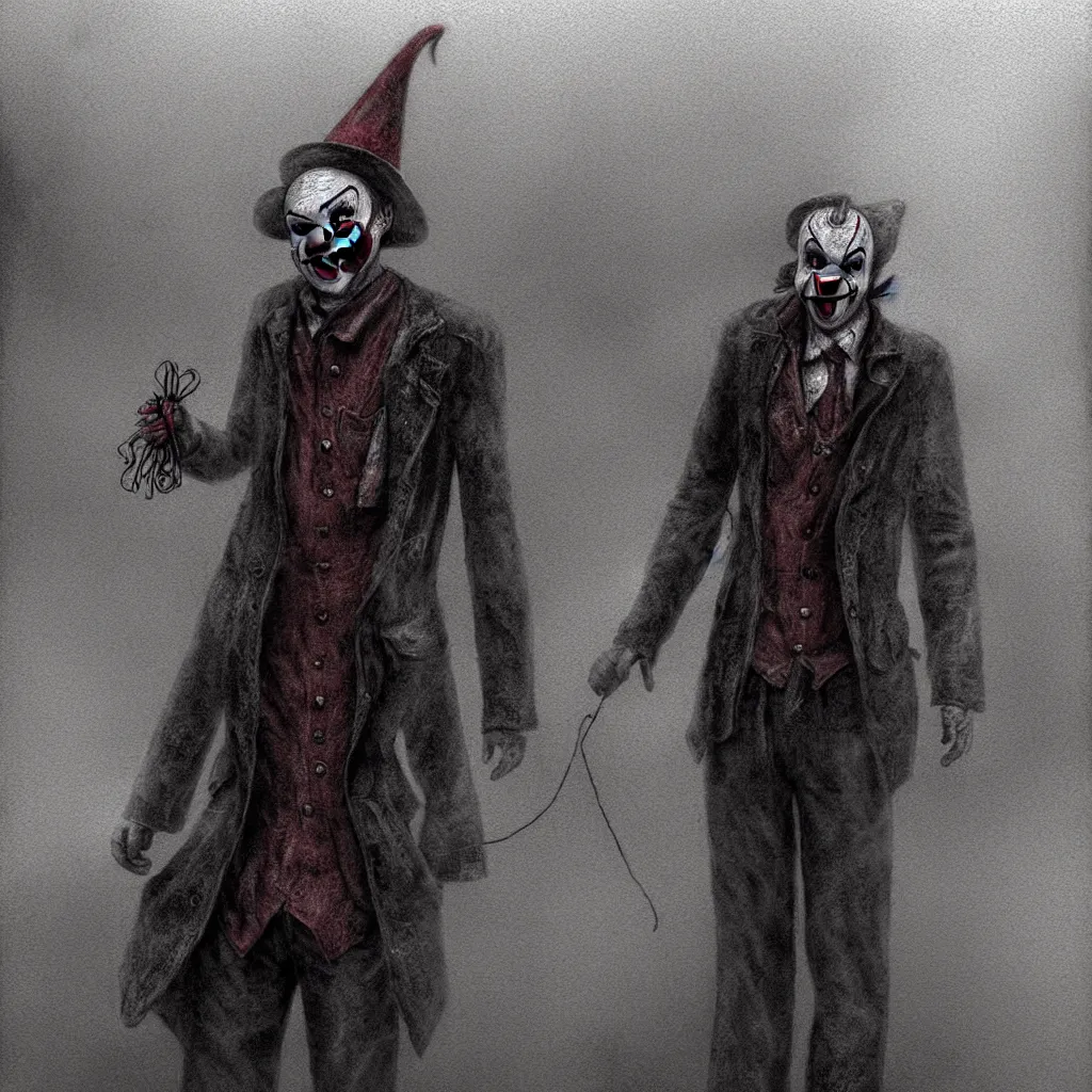 Image similar to James Sunderland from Silent Hill 2 dressed as a clown standing in a foggy street, intricate, elegant, sharp focus, illustration, highly detailed, digital painting, concept art, matte, art by Masahiro Ito