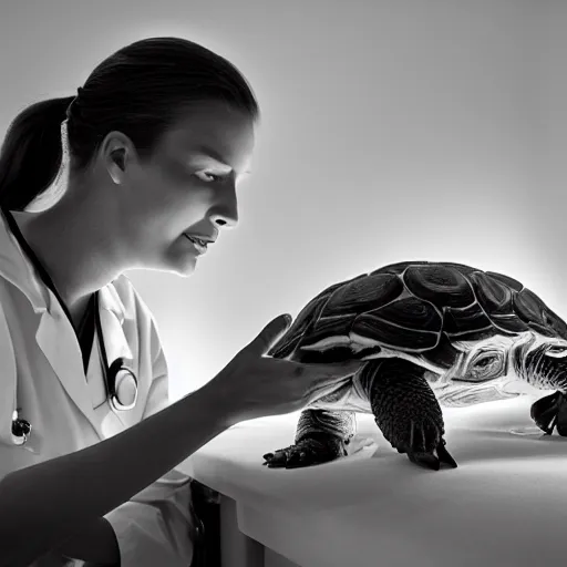 Image similar to doctor using a stethoscope to examine a tortoise under bright operating room lights, closeup, wide angle, backlit